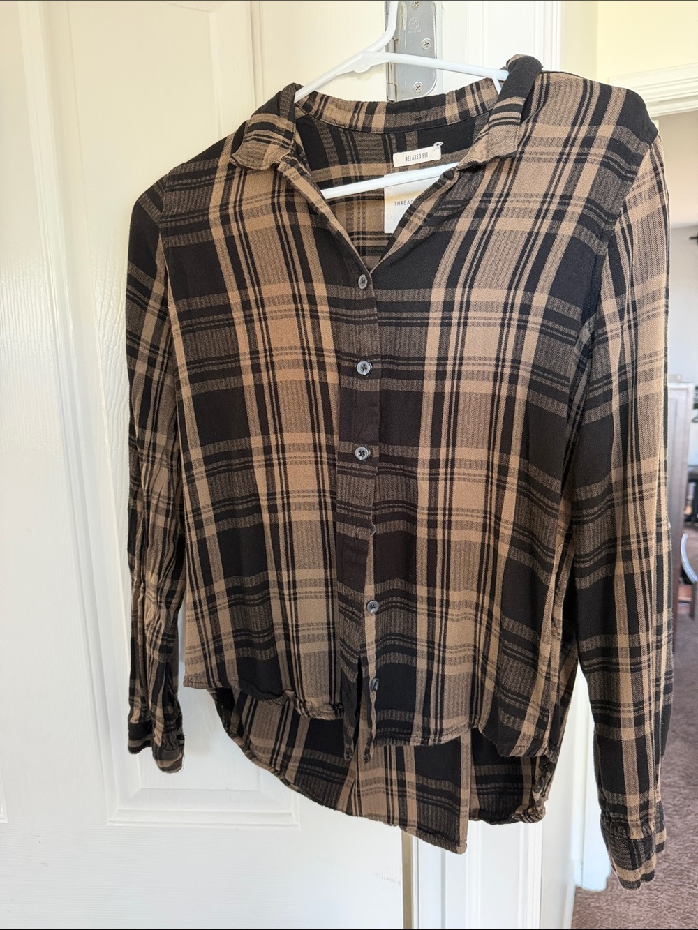 Thread & Supply Black and Tan Plaid Button-Down Blouse